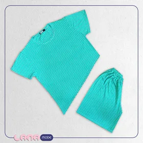 ست کراپ شرتک پنبه سوپر لاکرا گره‌ای رنگ سبز آبی راه راه