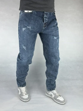 شلوار جین مردانه مام فیت آبی تیره زاپدار 145