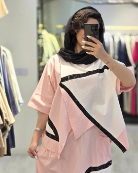 ست شومیز و دامن زنانه چرم دوزی رنگ ترکیبی صورتی سفید لینن وارداتی 7139