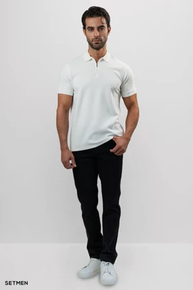 تیشرت یقه نیم زیپ سوزنی ساده