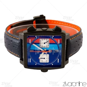 ساعت تگ هویر موناکو مردانه صفحه آبی نارنجی بند چرم سرمه ای 104354