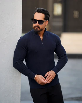 بافت نیم‌زیپ مردانه یقه‌ایستاده Slim Fit