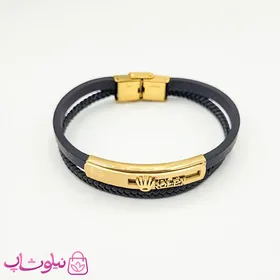 دستبند مردانه چرم و استیل مدل رولکس مشکی طلایی