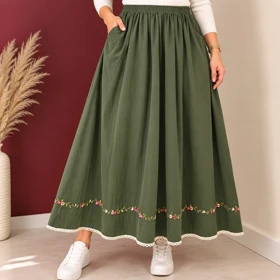 دامن گلدوزی لینن آیلین کد 6035 (سبز زیتونی)