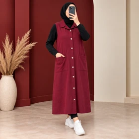 سارافون بلند نخ لینن مدل آریانا کد 6069 (زرشکی)