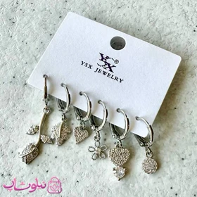 پک گوشواره زنانه YSX مدل گل رز و برگ و قلب نقره ای رنگ کد 5291