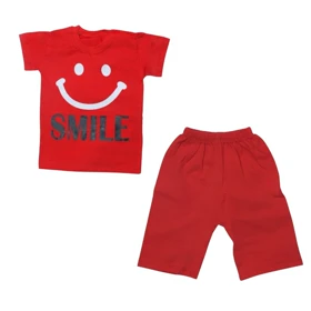ست تیشرت آستین کوتاه و شلوارک بچگانه مدل لبخند کد PJ1154 رنگ قرمز