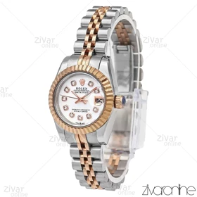 ساعت رولکس دیت جاست زنانه رزگلد نقره ای ایندکس نگین‌دار اسمال 106121