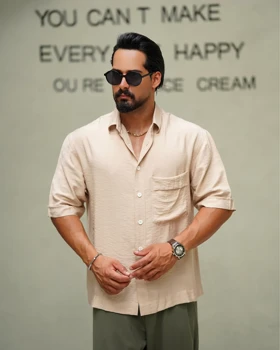 پیراهن لینن باکسی پارچه تنسل آستین کوتاه (کرمی روشن)