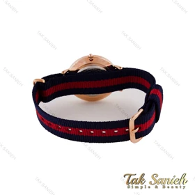 ساعت DW زنانه رزگلد صفحه سفید بند برزنت قرمز سرمه ای DW-4974-L