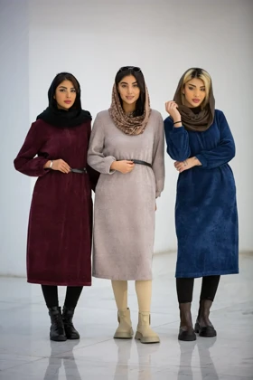 پالتو بلند کفتان زنانه یقه گرد بیسکوییتی