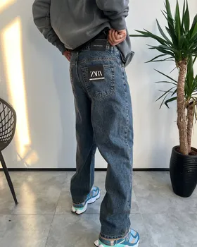 شلوار نیم بگ آبی تیره کثیفشور ZARA
