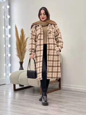 پالتو بلند چهارخونه سر جیب دکمه