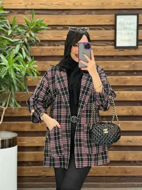 پالتو چهارخونه آستین دکمه چوبی