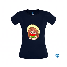 تیشرت ضدتعریق زنانه سورمه ای طرح دختر بچه کلاه زرد