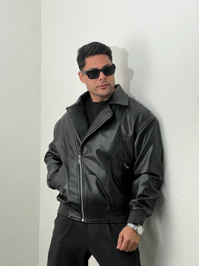 کاپشن مردانه چرم تیکه دوزی mc