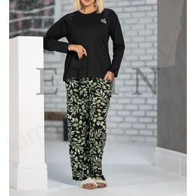 ست زنانه بلوز پنبه و شلوار ویسکوز طرح برگ