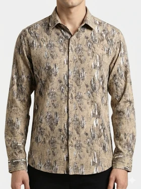 پیراهن مردانه آستین بلند کنفی طرحدار کرم 2003