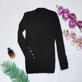 بافت یقه گرد استین دکمه مدل الما کد 40215 (مشکی)