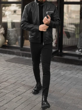 کاپشن چرم طبیعی زیپ‌دار مشکی j155