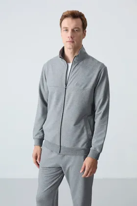 کت و شلوار ورزشی مردانه ساده با بافت نرم ضخیم ملانژ خاکستری - 85260 T15ER-85260