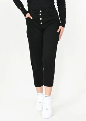 شلوار مام فیت کتان پشت کش مشکی