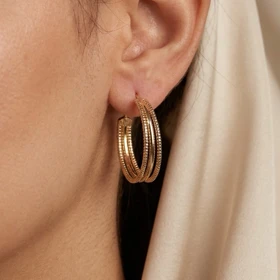 گوشواره زنانه حلقهای مدل تابان طرح سه ردیفه تراش دار ژوپینگ