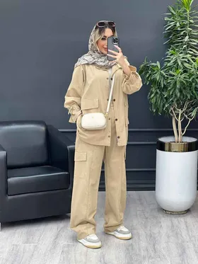 مانتو و شلوار آستین بندی دو جیب پاکتی