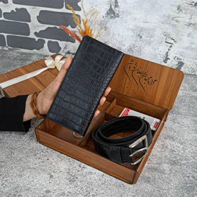 ست هدیه چرم مردانه کیف پول و کمربند مدل کتی 3 تیکه روکو مشکی
