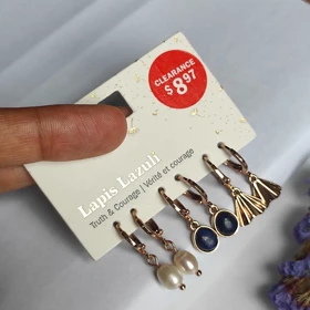 ست 3 جفتی گوشواره حلقه‌ای زنانه با سنگ طبیعی لاجورد، مروارید و آویز بادبزنی – آبکاری رزگلد