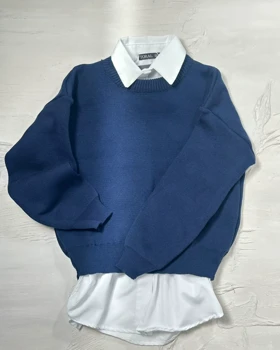 بلوز بافت یقه شومیزی کد 150091 (سرمه اى)