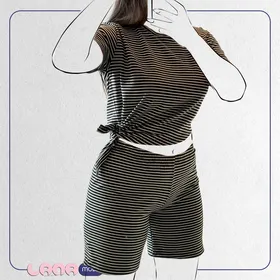 ست کراپ شرتک پنبه سوپر لاکرا گره‌ای رنگ مشکی راه راه