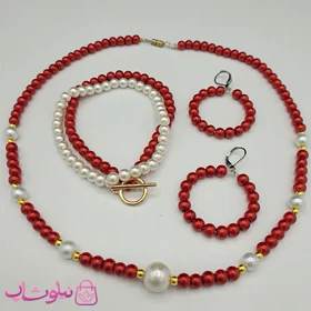 نیم ست زنانه دستساز برند N&SH مدل مرواریدهای قرمز و سفید کد 400