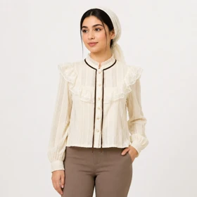 شومیز زنانه پفکی سر شانه توری سفید وارداتی