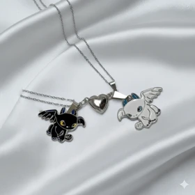 ست گردنبند دو نفره مدل «اژدها و قلب مگنتی» | پلاک مکمل با زنجیر دیپلمات استیل