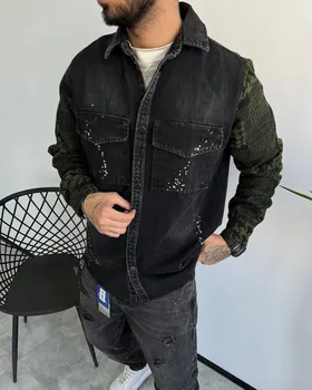 کت جین دو جیب ذغالی اسیدپاش (آستین سبز)