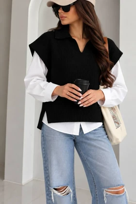 وست یقه دار ساده بغل چاک قواره باکسی (سیاه)