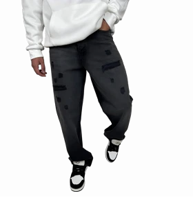 شلوار جین مردانه نیم بگ - رنگ خاکستری امبره زاپ‌دار - با وصله تیره