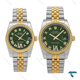 ساعت ست Rolex دورنگ طلایی صفحه سبز ایندکس یونانی Rolex-7156-S