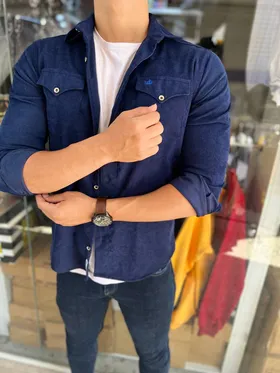 پیراهن مخمل کبریتی مردانه دو جیب سرمه ای