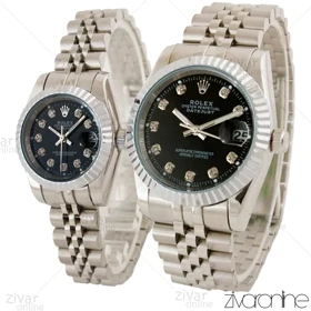 ست ساعت رولکس دیت جاست سیلور صفحه مشکی نگین‌دار 104535