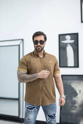 پیراهن آستین کوتاه قهوه ای مردانه پارچه نخ پنبه استایل تابستانی