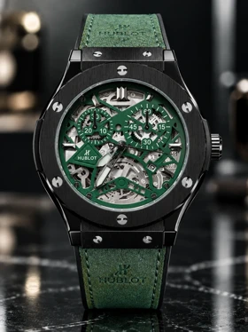 ساعت مچی مردانه هابلوت Hublot اسکلتون سبز یشمی | بدنه سرامیک مات کد 8702