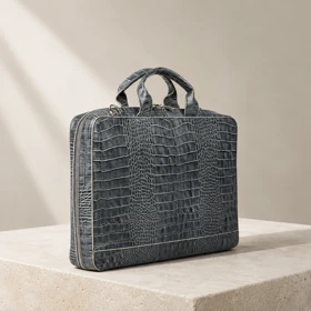 کیف اداری چرم طبیعی (طرح کروکو - رنگ طوسی)