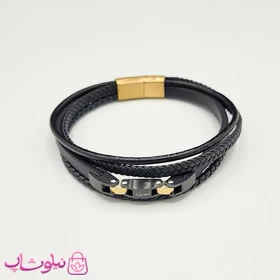 دستبند مردانه چرم استیل مدل کارتیه چندلاین مشکی طلایی کیفیت مستر کد 1150
