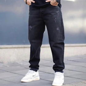 شلوار مام فیت ذغالی سیر مردانه پارچه جین کجراه ترک