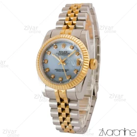ساعت رولکس دیت جاست زنانه صفحه آبی صدفی ایندکس نگین‌دار مدیوم 105042