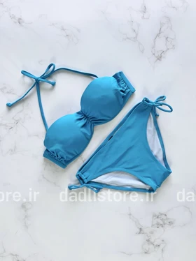 بیکینی کاپ‌دار بندی پوش آپ دار طرح آبی فیروزه ای