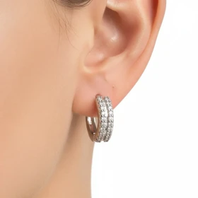 گوشواره حلقه‌ای زنانه ژوپینگ مدل سپهرک طرح جواهری نگین‌دار نقره‌ای دو ردیفه