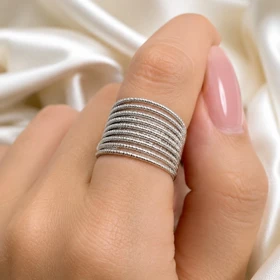 انگشتر زنانه ژوپینگ مدل درخشان توری تراش دار چند ردیفه نقرهای